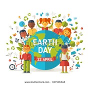 Small stock vector boys and girls with earth planet ecology and environmental protection icons earth day cute 617516348
